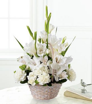 All white bouquet in basket